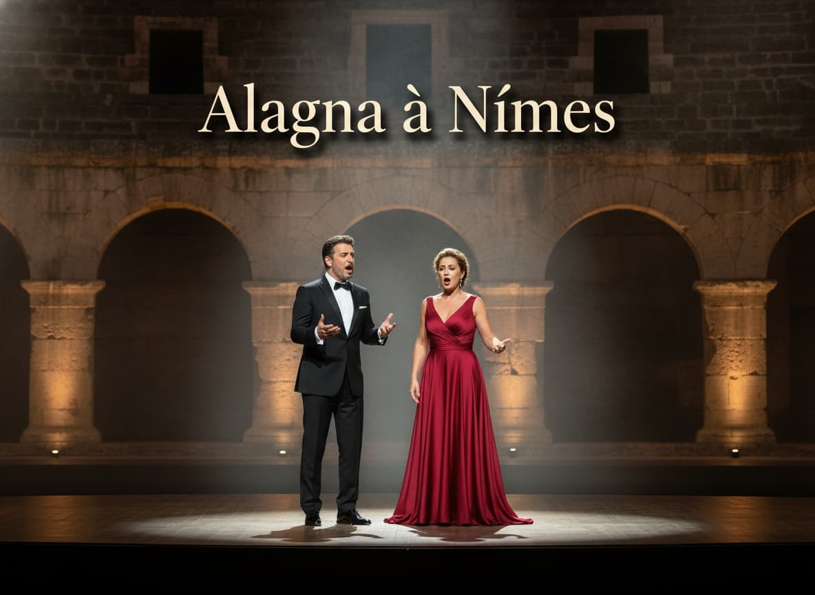 Un ténor et une soprano en tenue de soirée sur une scène dans les arènes romaines de Nîmes, avec un éclairage chaud et un texte superposé 'Alagna à Nîmes'.