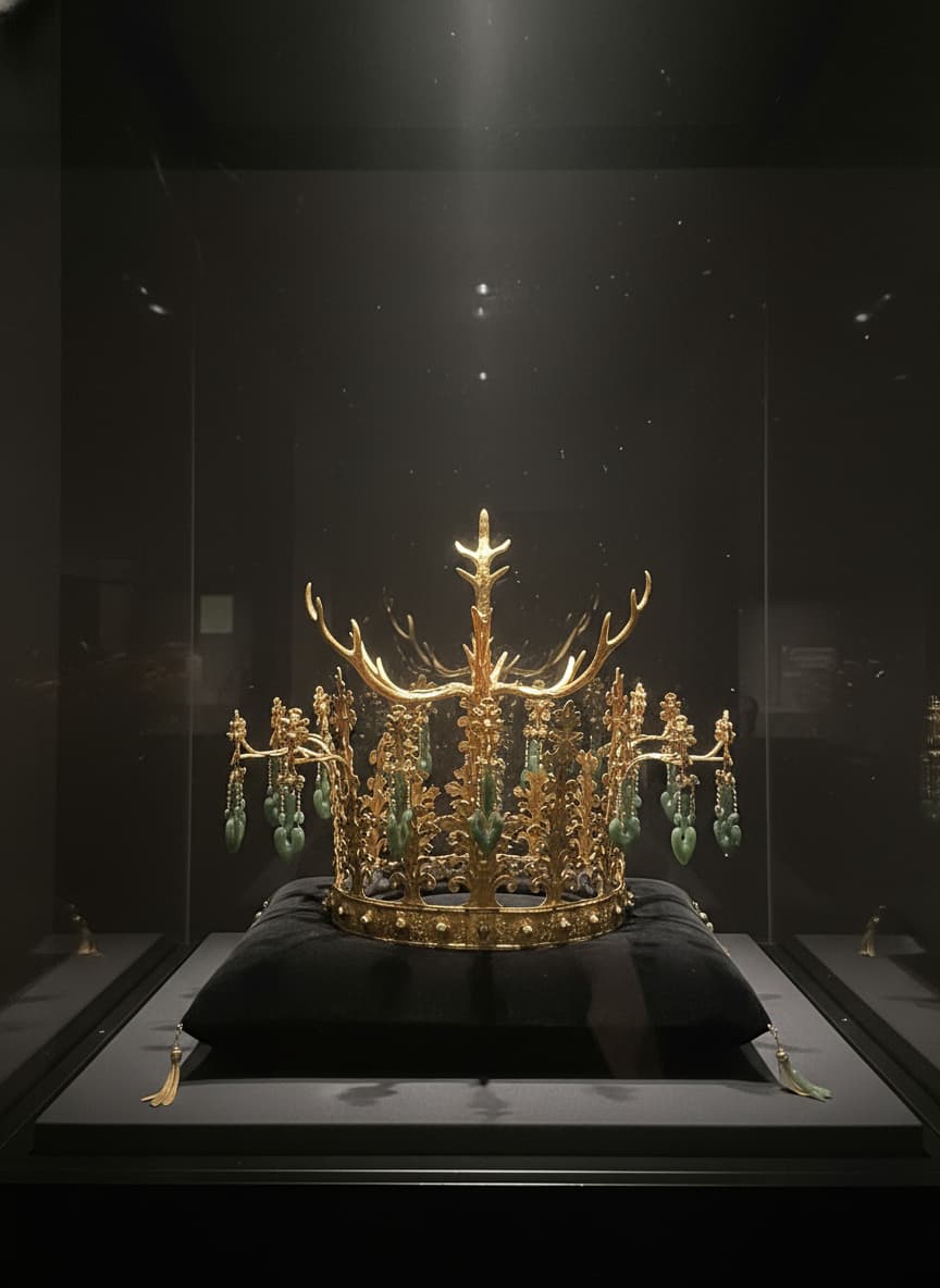 Couronne en or de la dynastie Silla, ornée de jade, exposée sous verre dans une salle de musée sombre.
