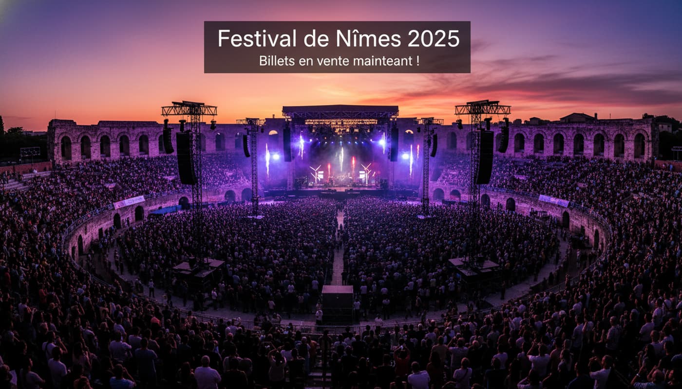 Vue large des Arènes de Nîmes illuminées en violet et bleu au coucher du soleil, foule en silhouette devant les arches romaines, avec scène et textes 'Festival de Nîmes 2025'.