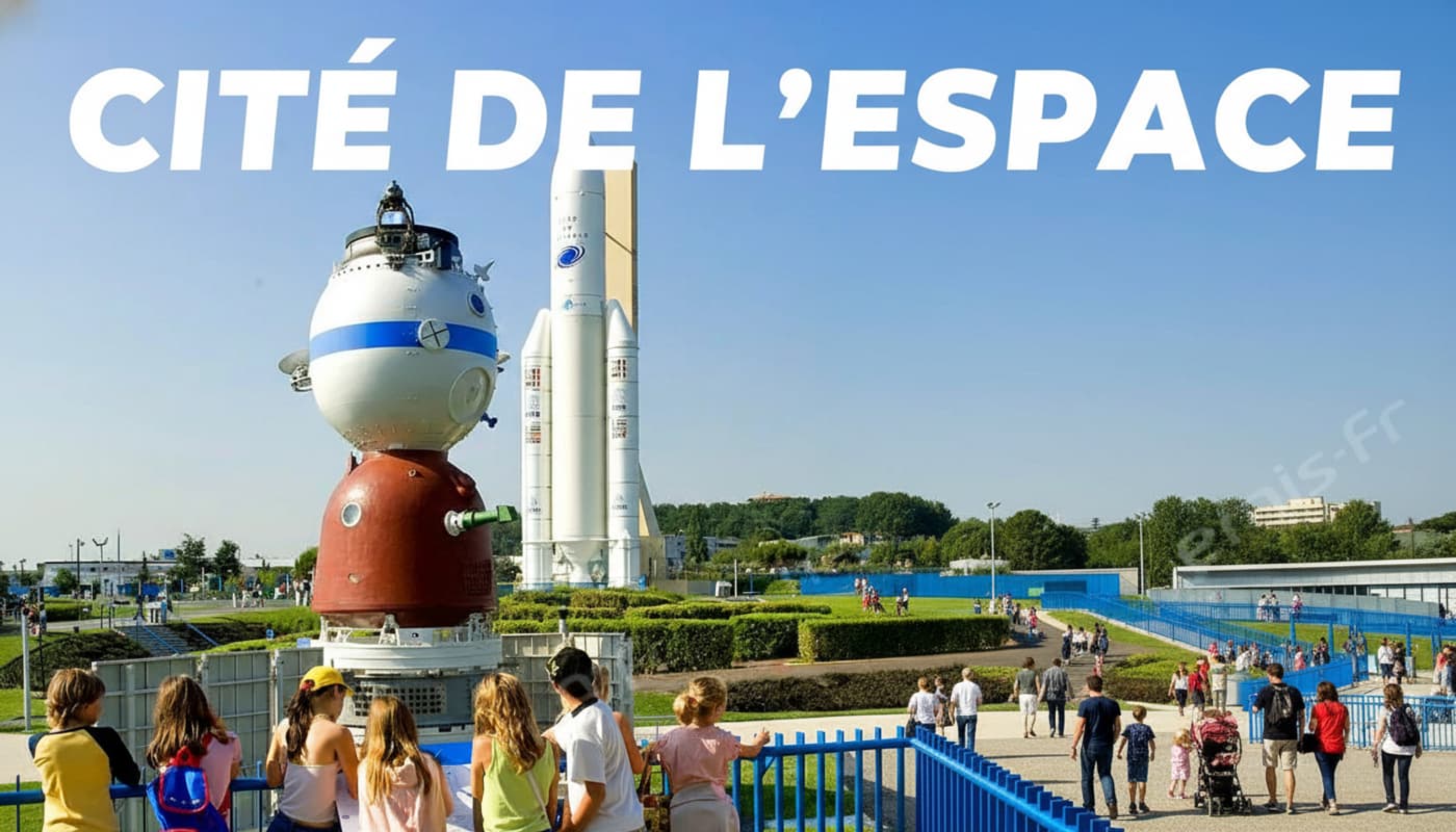 Une fusée Ariane 5 grandeur nature au parc de la Cité de l'espace à Toulouse, sous un ciel bleu, avec des familles se promenant au pied, et le texte 'CITÉ DE L'ESPACE' intégré dans le ciel.