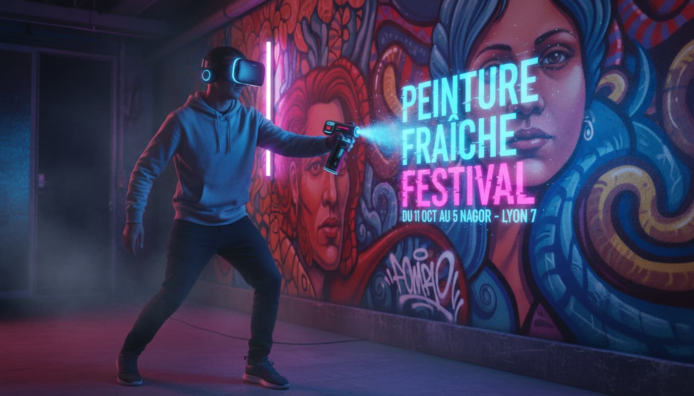 Artiste urbain portant un casque VR créant un graffiti holographique lumineux avec une bombe numérique devant des fresques murales colorées aux tons néon.