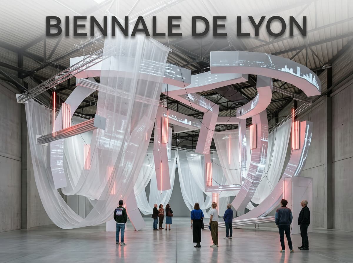 Visiteurs dans un hall industriel avec une installation artistique de voilages translucides et projections lumineuses pour la Biennale de Lyon.