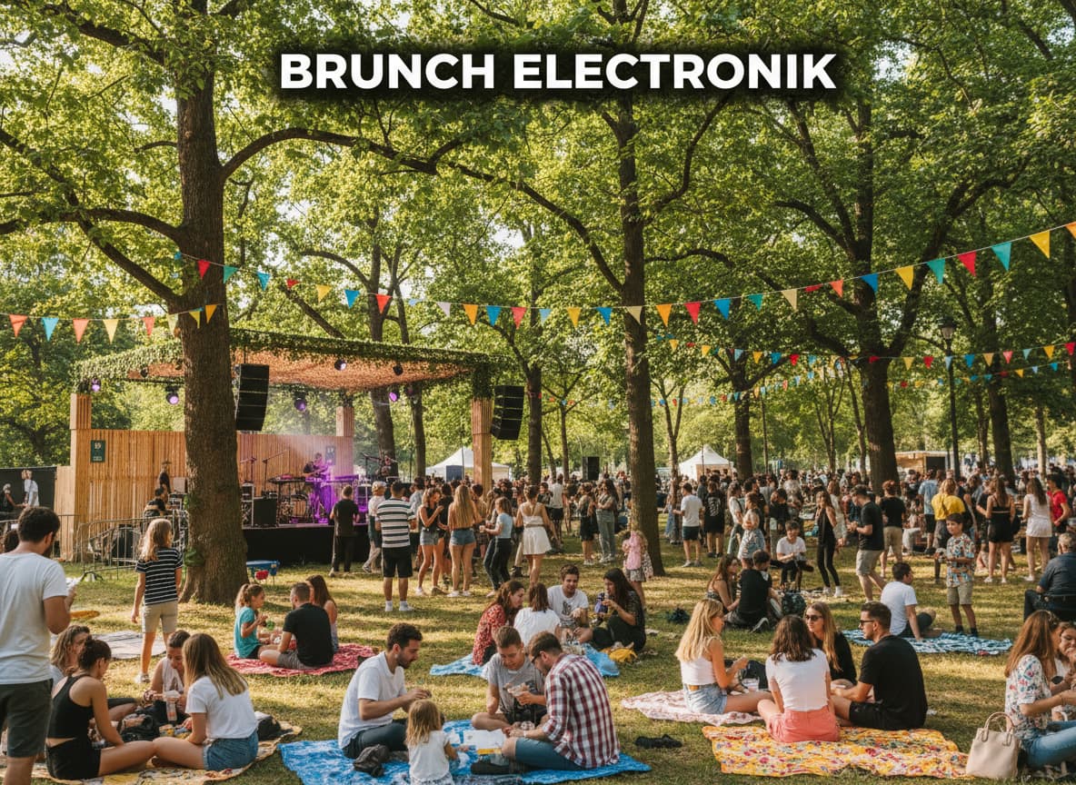 Des festivaliers pique-niquent et dansent dans un parc verdoyant sous des fanions colorés devant une scène moderne affichant le texte Brunch Electronik.