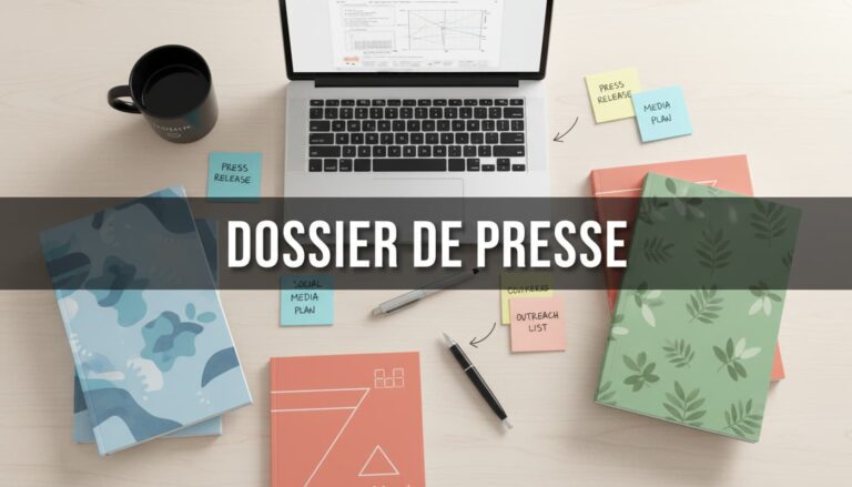 Une composition en vue de dessus d'un bureau avec un ordinateur, une tasse de café et des dossiers de presse autour du texte central Dossier de Presse.