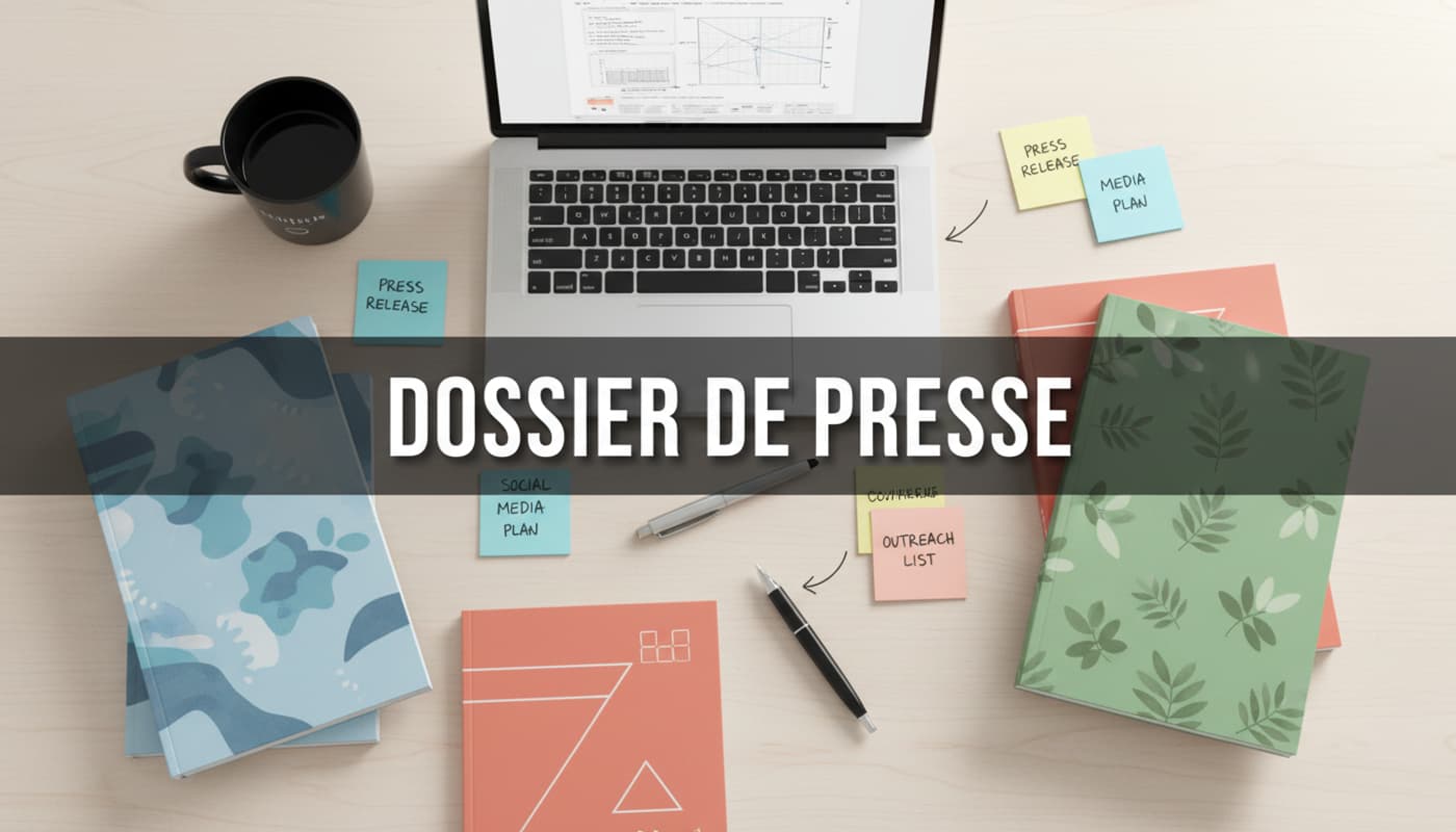 Une composition en vue de dessus d'un bureau avec un ordinateur, une tasse de café et des dossiers de presse autour du texte central Dossier de Presse.