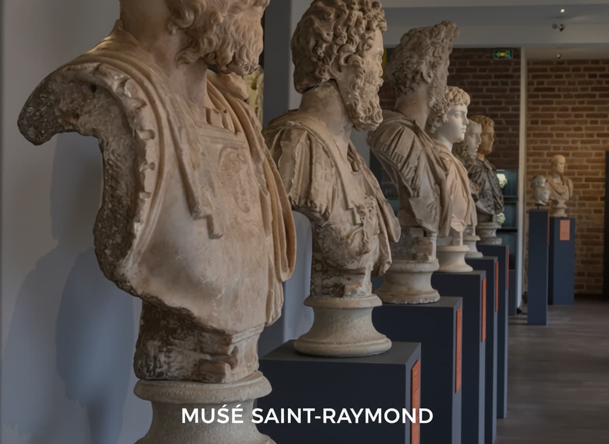 Bustes de marbre romains au sous-sol du musée Saint-Raymond, mur de brique rouge visible, ambiance tamisée et mystérieuse, avec l'inscription 'MUSÉE SAINT-RAYMOND' en bas.
