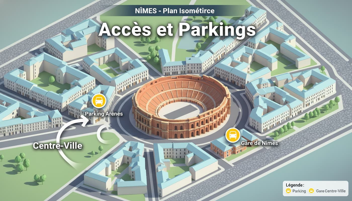 Carte isométrique stylisée du centre-ville de Nîmes mettant en avant les Arènes romaines, avec des icônes colorées pour les parkings et la gare, des libellés en français et le titre 'Accès et Parkings'.