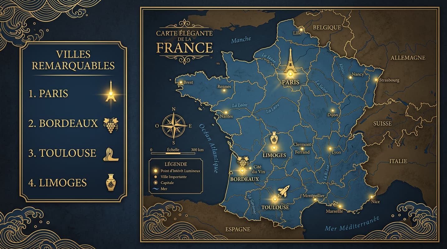 Carte de France stylisée avec marqueurs dorés sur Paris, Bordeaux, Toulouse et Limoges, motifs de vagues chinoises dans les coins, et un panneau latéral listant les villes en français.