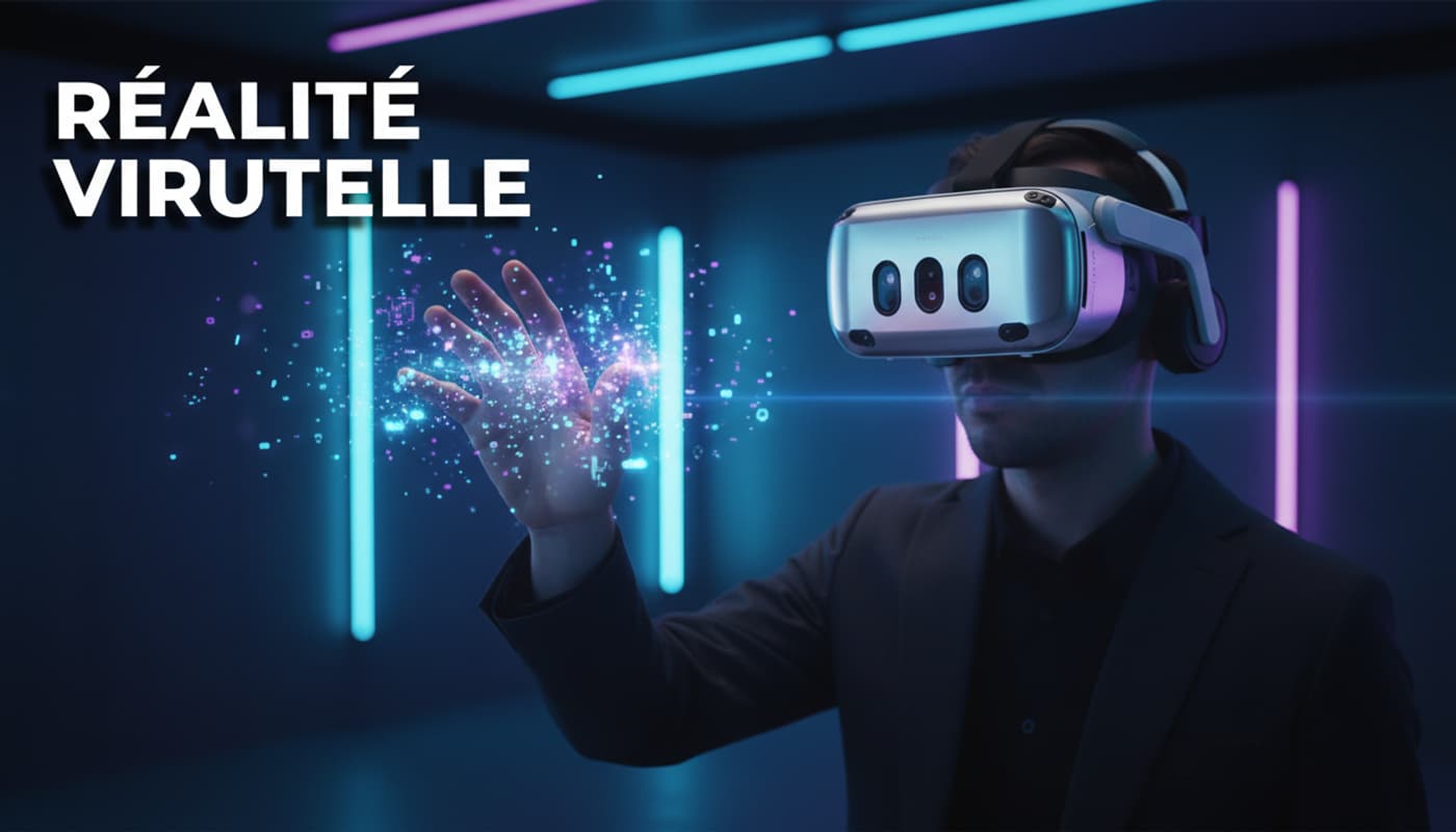 Une personne portant un casque VR sophistiqué tend la main vers des particules numériques dans un studio parisien néon avec l'inscription Réalité Virtuelle.