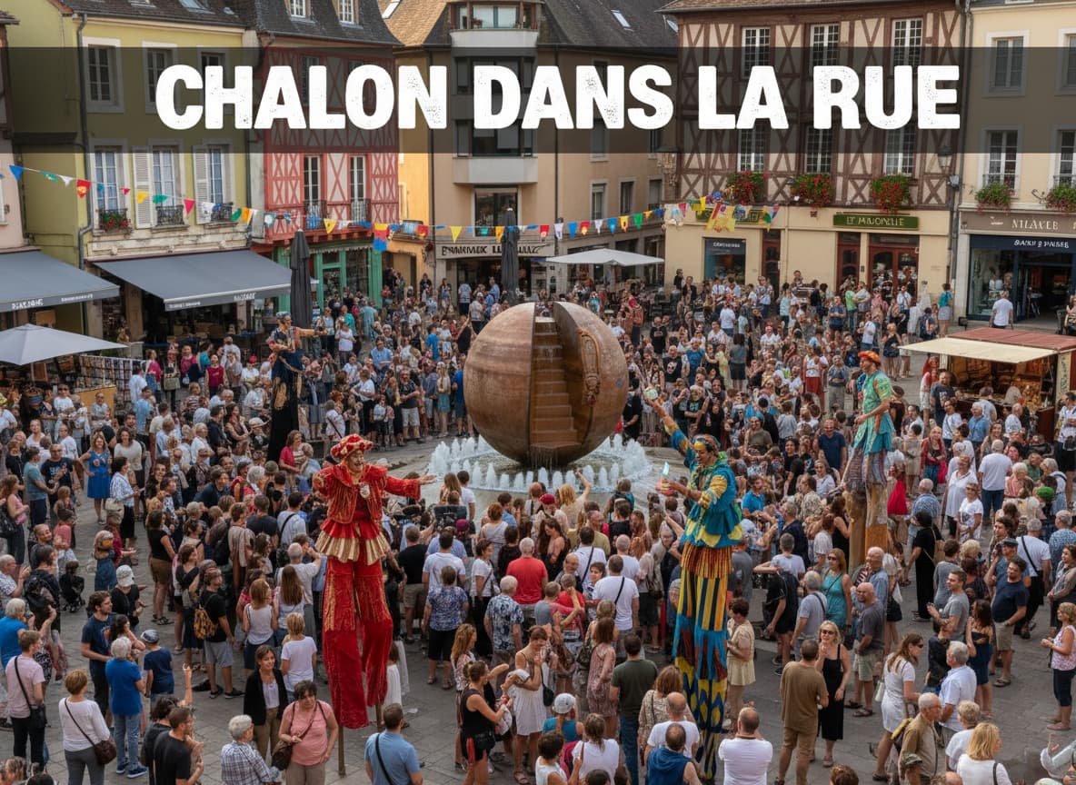 Vue en plongée d'une foule dense et d'échassiers colorés sur une place de Chalon-sur-Saône avec le texte Chalon dans la rue en surimpression.