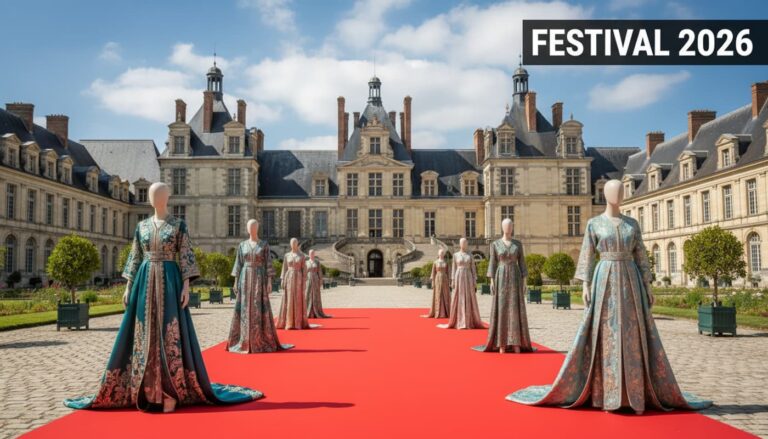 Mannequins en haute couture marocaine sur un tapis rouge dans la cour du château de Fontainebleau sous un soleil printanier avec le texte Festival 2026.