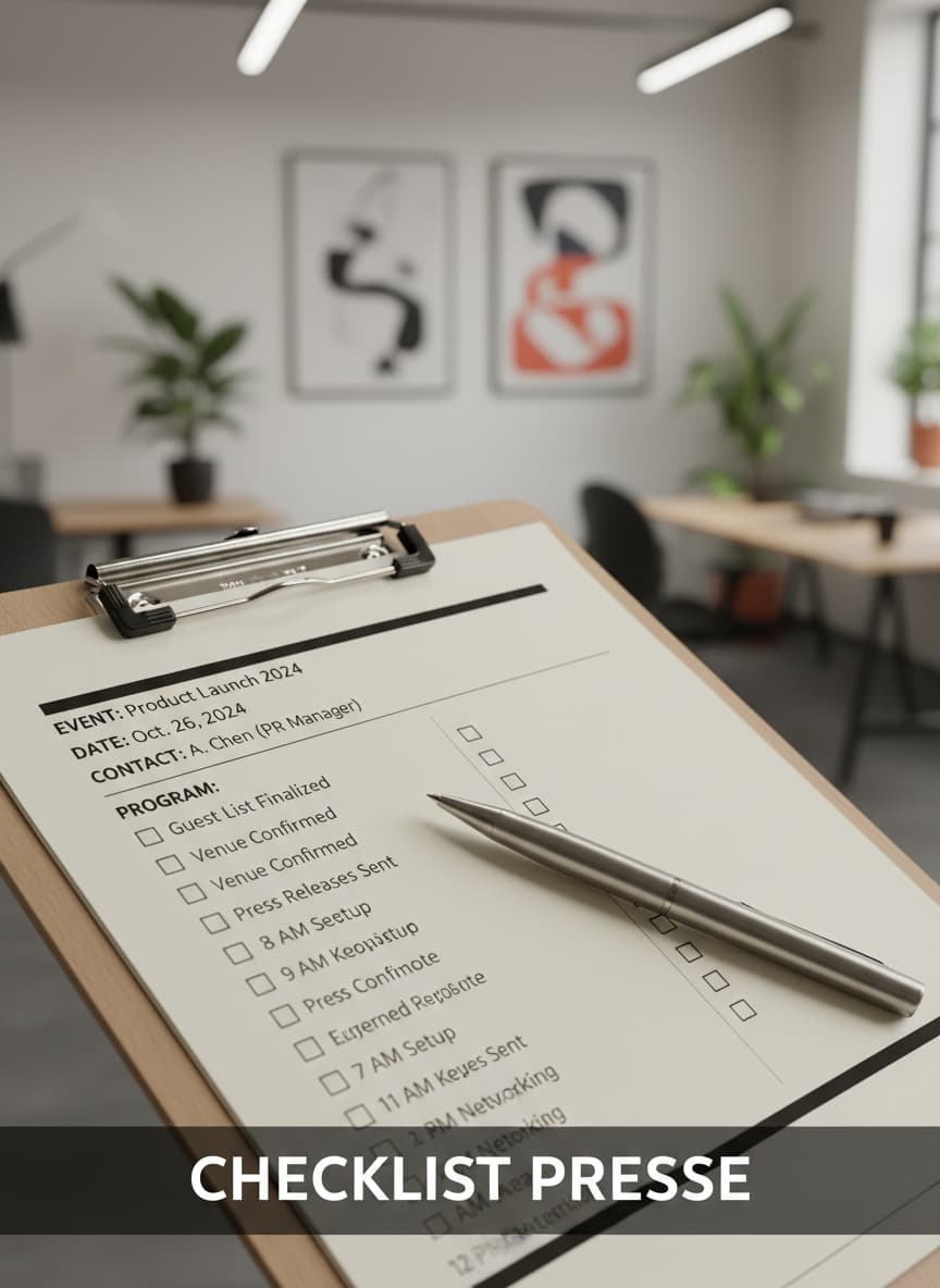 Presse-papiers avec une liste de tâches cochées et un stylo métallique sur un bureau dans une agence créative avec texte Checklist Presse.