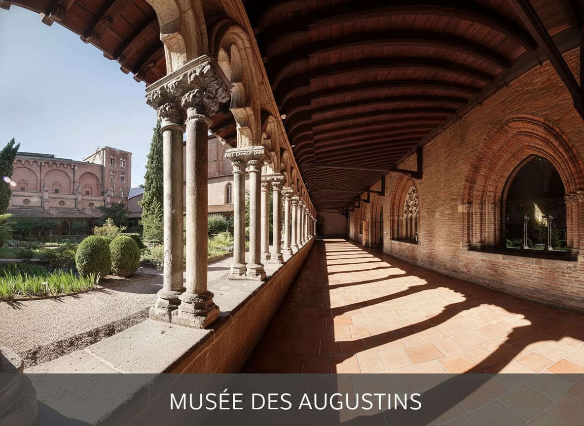 Le cloître gothique du Musée des Augustins à Toulouse, avec son jardin central entouré d'arcades en pierre et de colonnes, éclairé par la lumière chaude du soir sur les murs de brique rouge, et un texte semi-transparent 'MUSÉE DES AUGUSTINS' en superposition en bas.