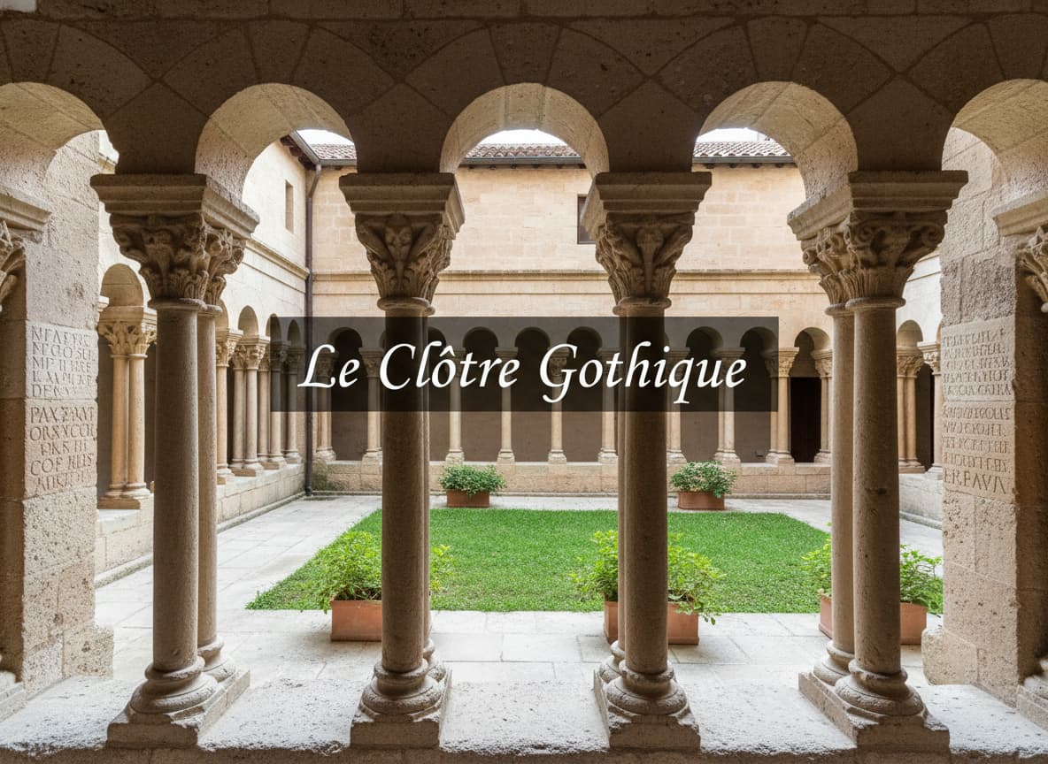 Vue rapprochée des chapiteaux romans et sculptures en pierre dans le cloître du Musée des Augustins, à travers la colonnade vers la cour intérieure ensoleillée.