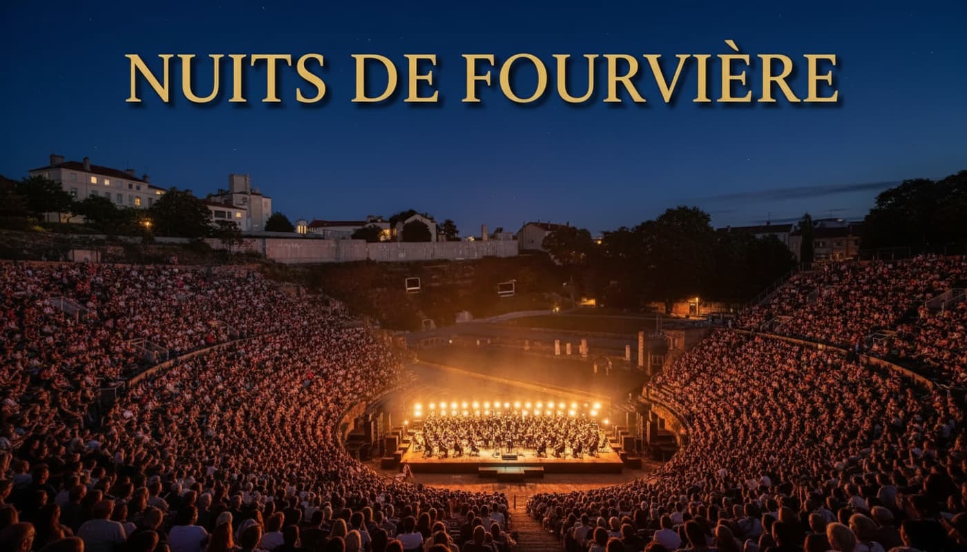 Une foule de spectateurs remplit l'amphithéâtre romain de Lyon lors d'un concert nocturne illuminé de tons dorés avec le texte Nuits de Fourvière.