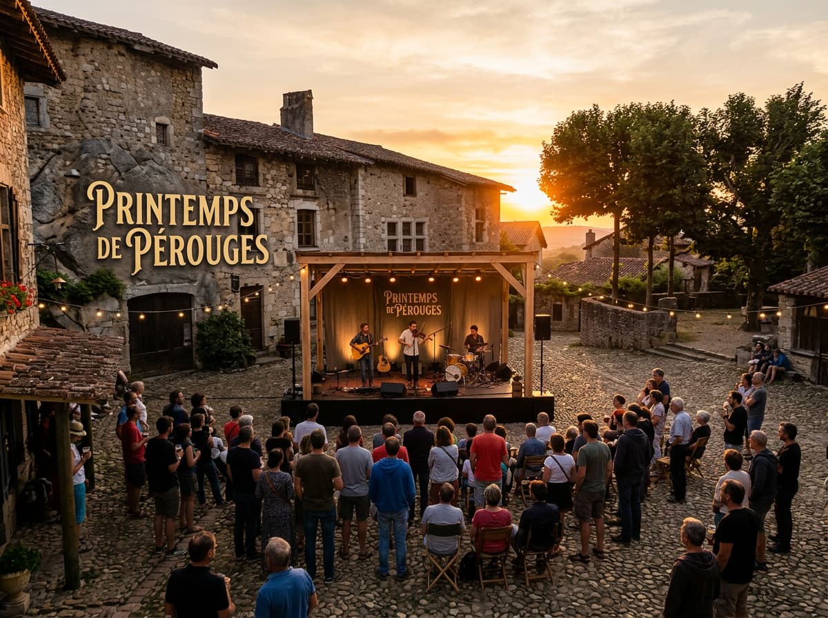 Concert de folk-rock sur une place pavée entourée de maisons médiévales et de remparts à Pérouges au coucher du soleil avec l'inscription Printemps de Pérouges.