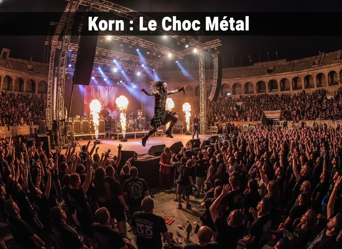 Un groupe de heavy metal joue sur scène dans les arènes de Nîmes, le chanteur en pleine action, des gerbes d'étincelles derrière lui, la foule lève les bras, et un texte superposé indique 'Korn : Le Choc Métal'.