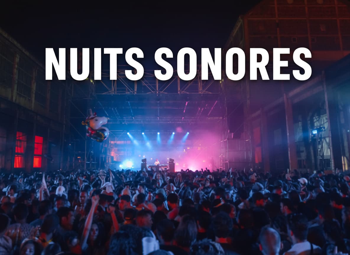 Une foule danse en silhouette dans un vaste entrepôt industriel lyonnais sous des stroboscopes bleus et magenta avec le texte Nuits sonores.