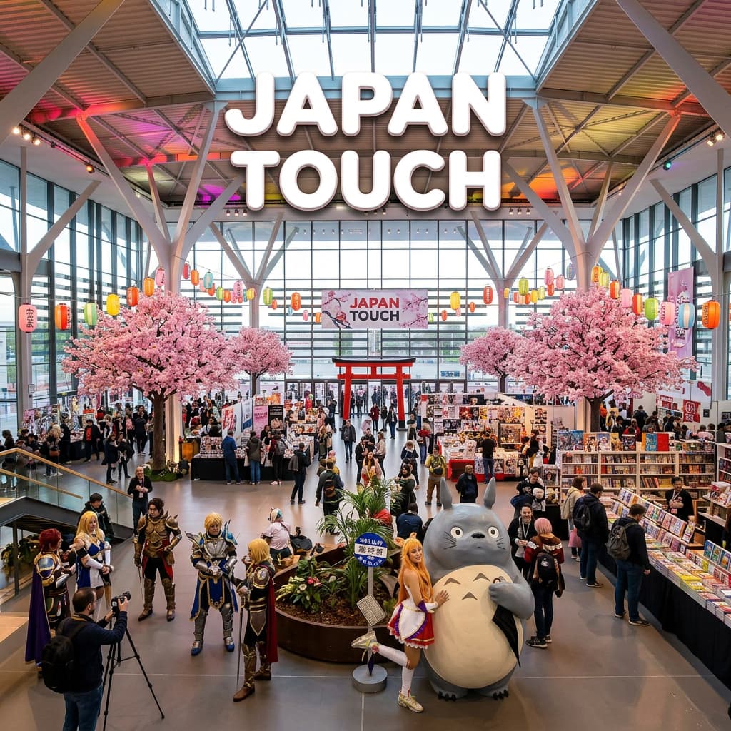 Des cosplayeurs en armures fantastiques posent dans un hall d'Eurexpo décoré de cerisiers en fleurs et de lanternes avec le texte Japan Touch en surimpression.