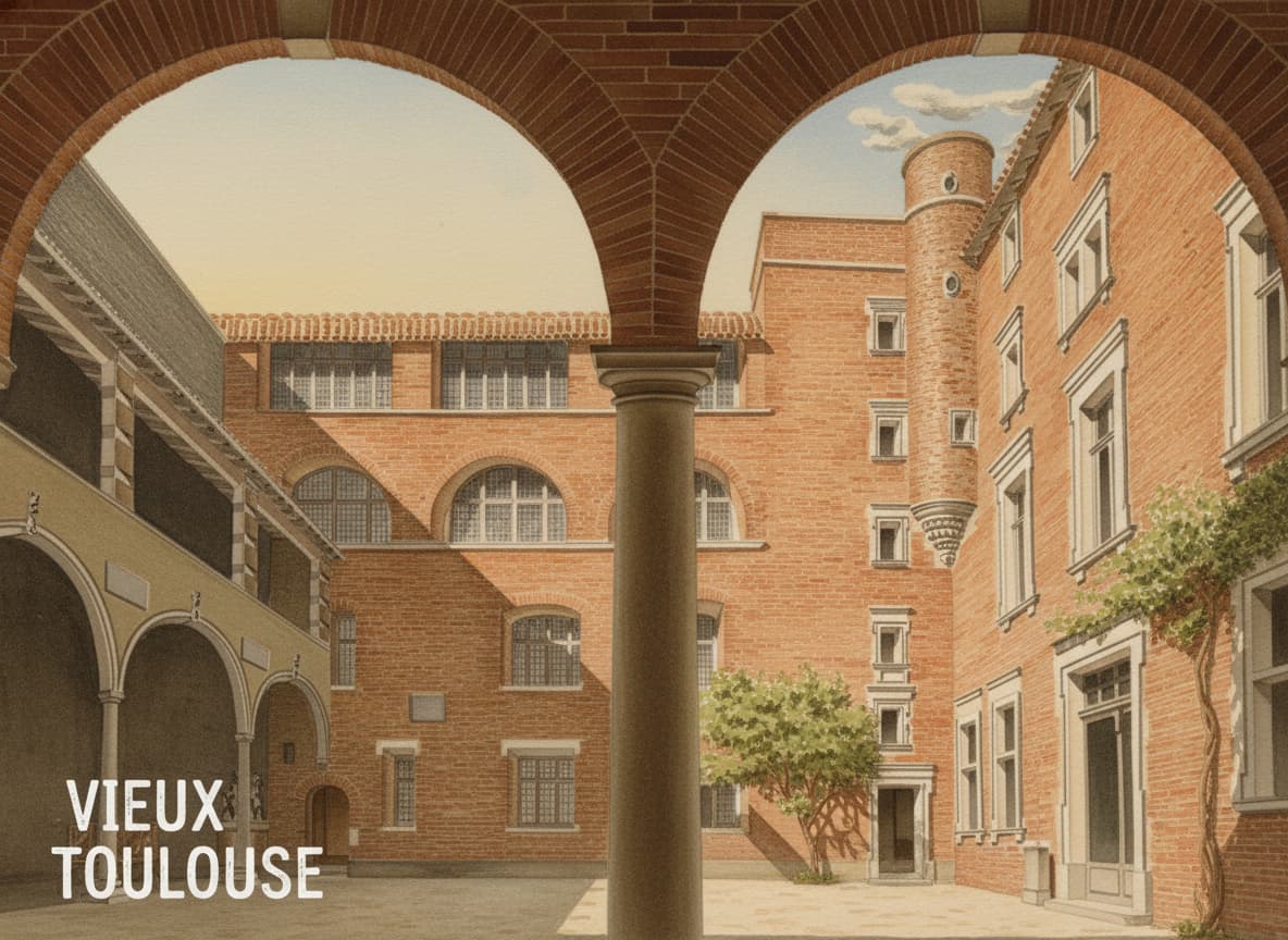 La cour intérieure historique de l'Hôtel Dumay dévoile ses galeries en bois et ses façades typiques en briques rouges toulousaines, avec l'inscription Vieux Toulouse dans un angle.