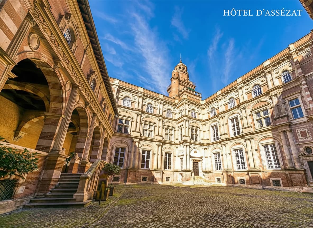 La cour Renaissance de l'Hôtel d'Assézat, avec ses loggias en pierre et brique baignées de lumière dorée, arbore un style classique et prestigieux, tandis qu'un petit texte en incrustation dans le coin indique 'HÔTEL D'ASSÉZAT'.