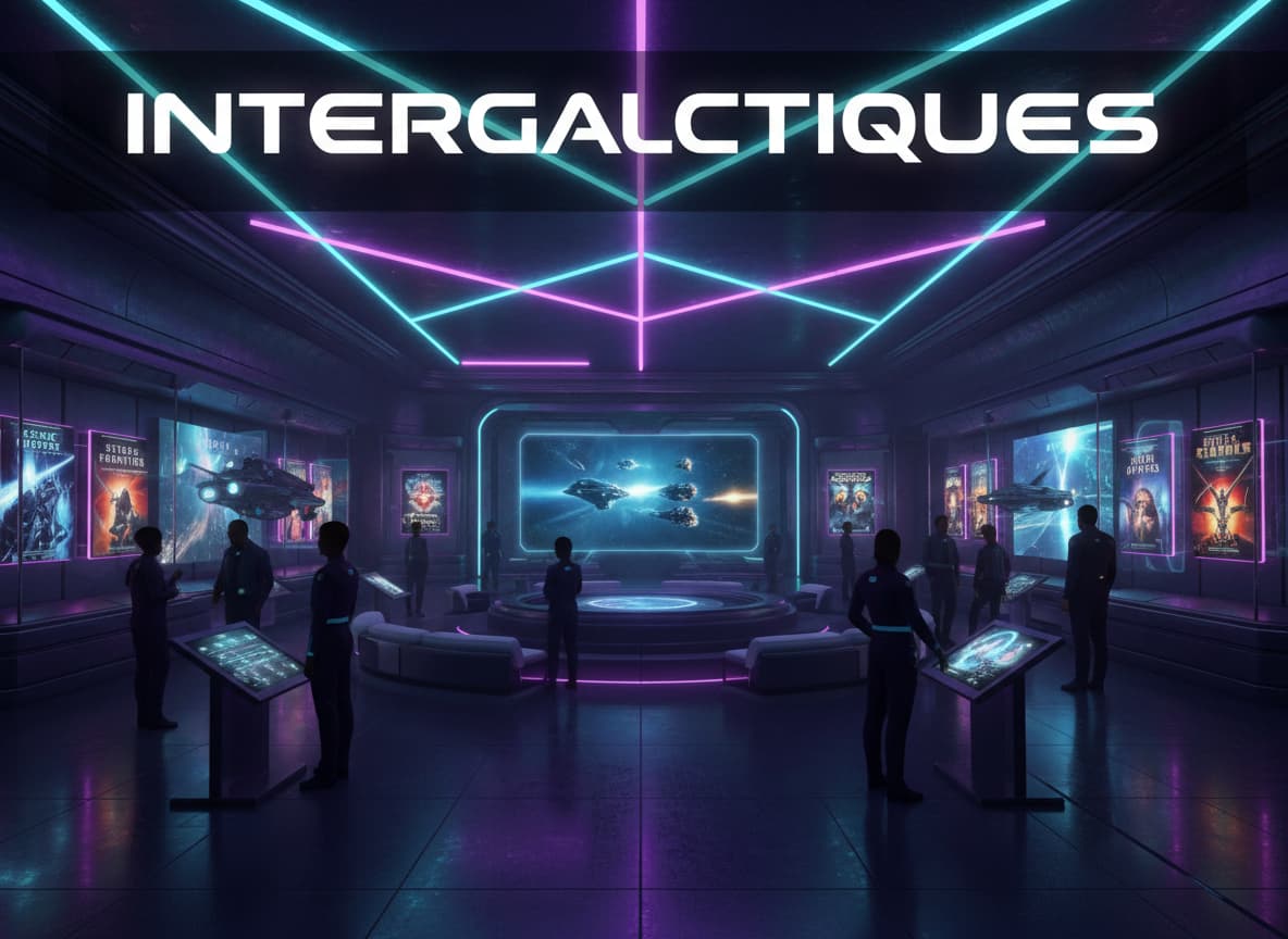 Des visiteurs discutent dans un salon futuriste aux néons violets et cyan, entourés de maquettes de vaisseaux spatiaux sous l'inscription Intergalactiques.