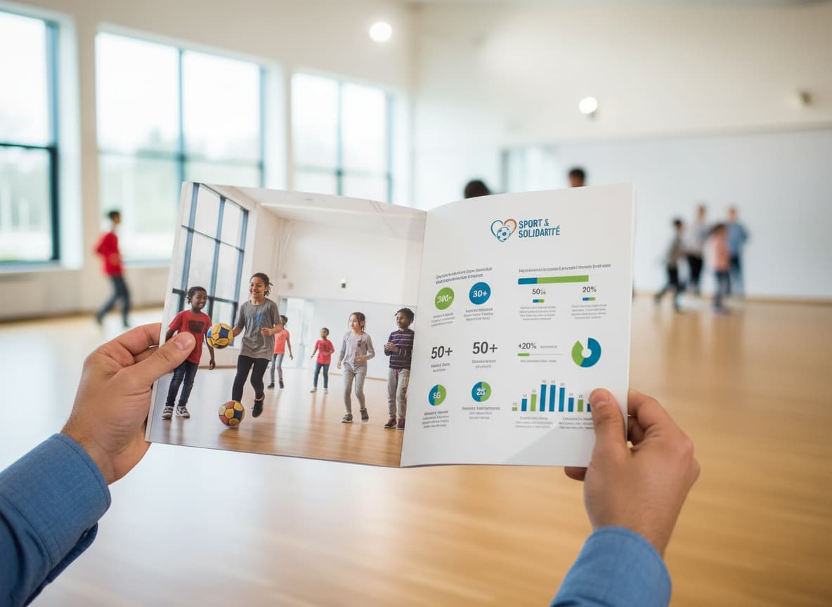 Personne en chemise décontractée présentant un dossier de presse avec photos de jeunes sportifs et infographies devant un centre sportif lumineux.