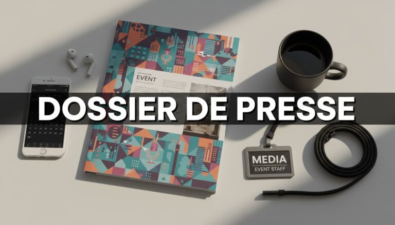 Dossier de presse ouvert avec le texte "DOSSIER DE PRESSE" sur un bureau moderne avec un smartphone, un café et un badge sous une lumière naturelle.