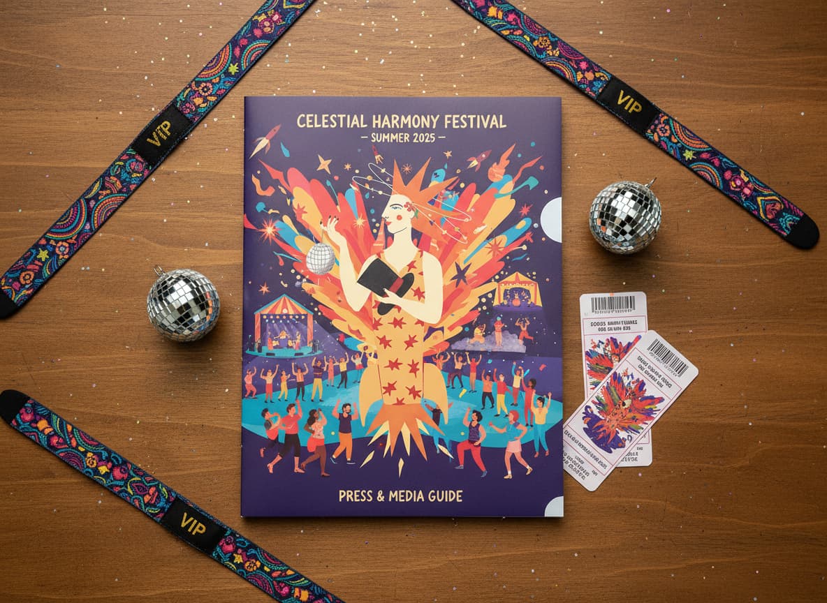 Un dossier de presse coloré illustrant une foule en fête est disposé sur une table en bois avec des bracelets de festival et des tickets de concert.