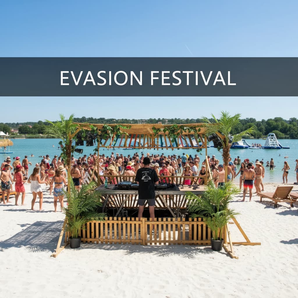 Festivaliers dansant sur le sable blanc d'un lac turquoise devant une scène de DJ en bois décorée de palmiers avec le texte Evasion Festival en surimpression.