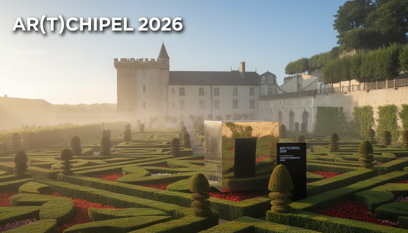 Sculpture contemporaine minimaliste dans les jardins brumeux d'un château de la Loire avec une signalétique moderne AR(T)CHIPEL 2026.