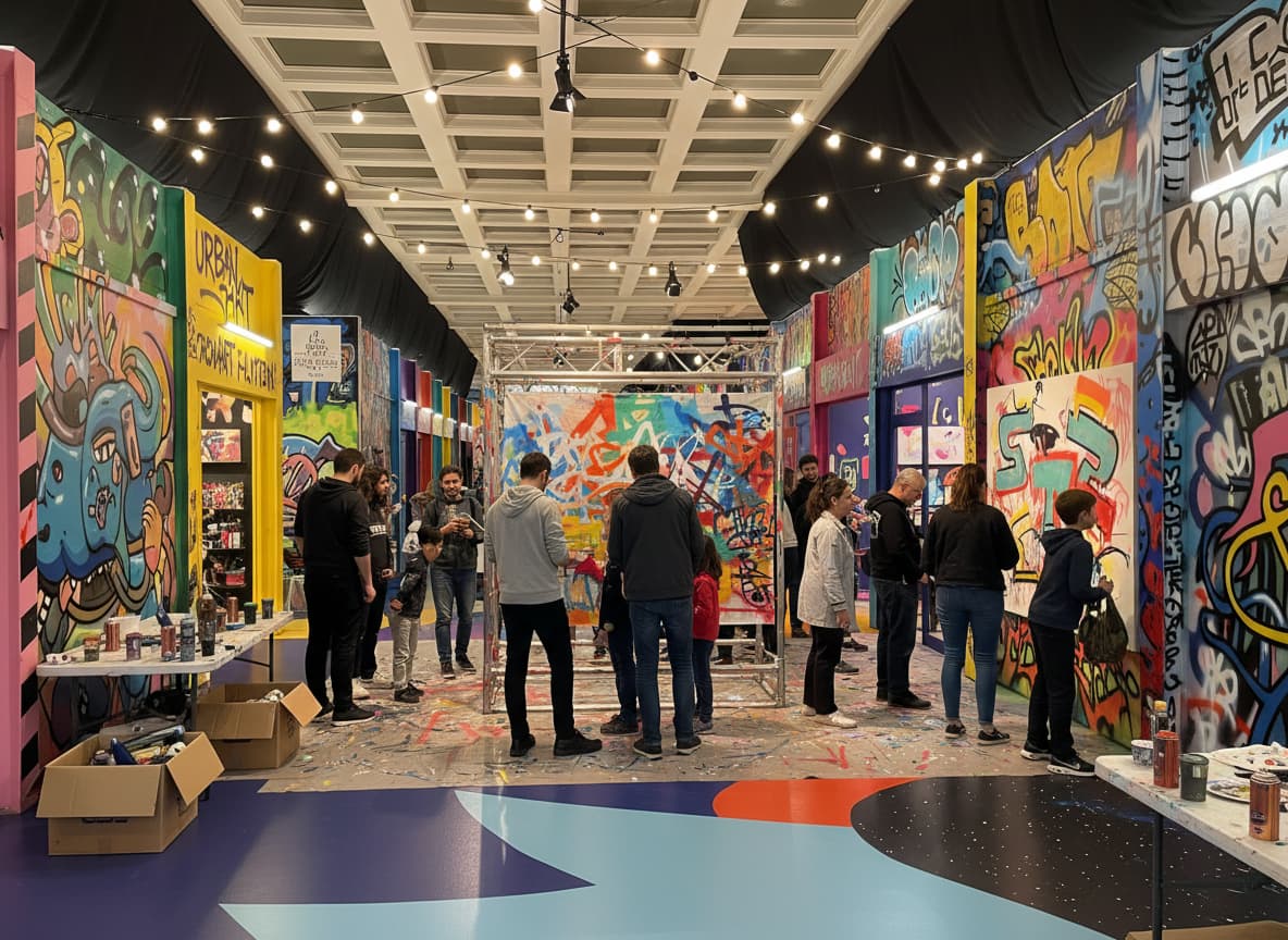 Visiteurs de tous âges réalisant une fresque monumentale dans une exposition d'art urbain au sein d'un ancien bâtiment industriel aux décors colorés à Lyon.