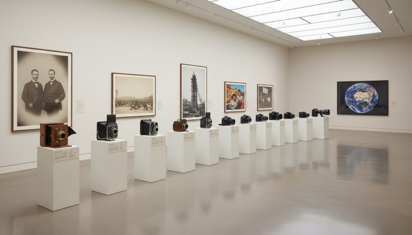 Une salle de musée lumineuse présente une exposition chronologique de l'histoire de la photographie avec différents appareils photo sur des piédestaux et de grands tirages encadrés sur les murs.