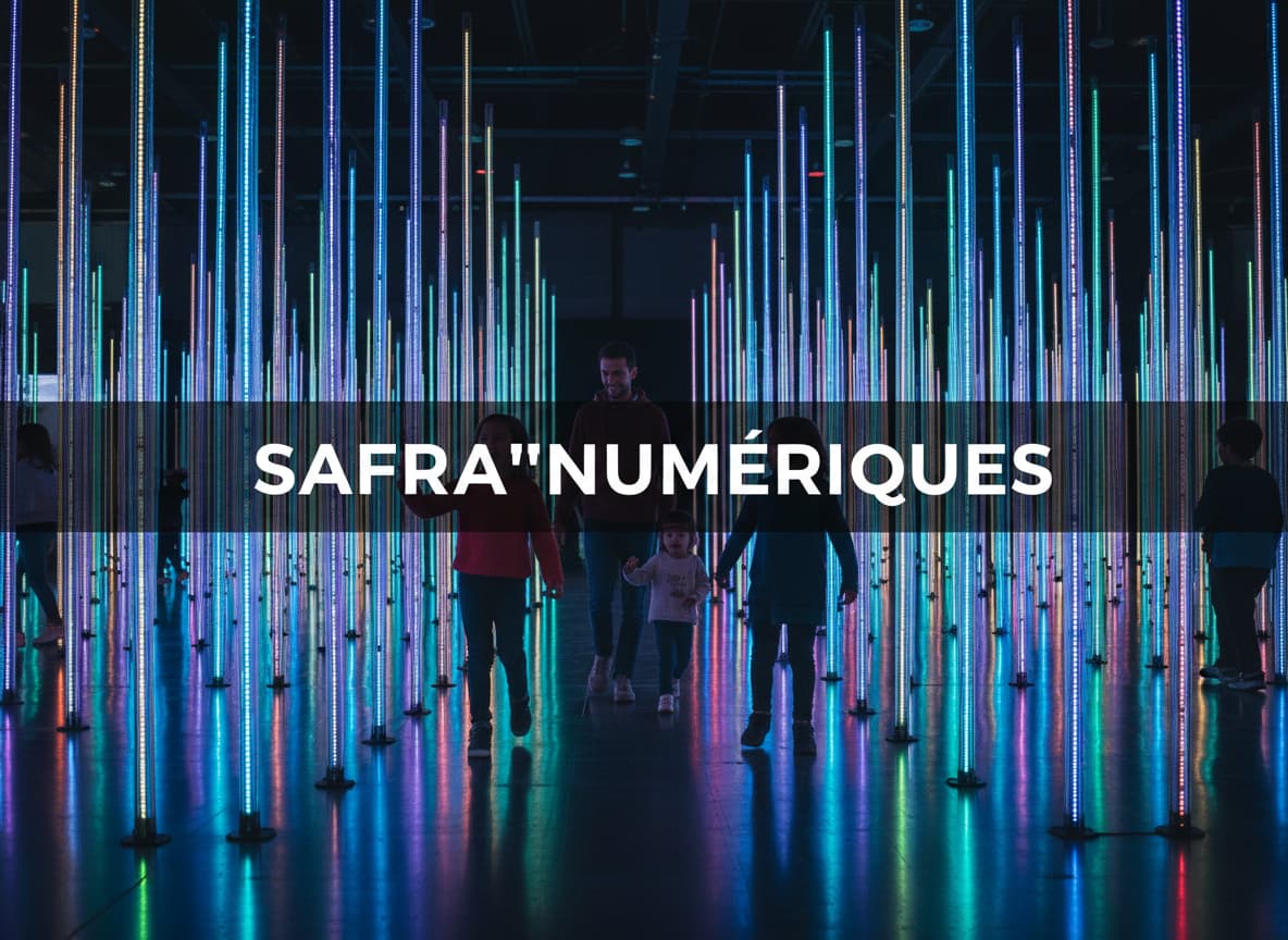 Une famille émerveillée interagit avec de grands tubes LED multicolores lors du festival Safra'numériques à Amiens dans une salle d'exposition sombre.