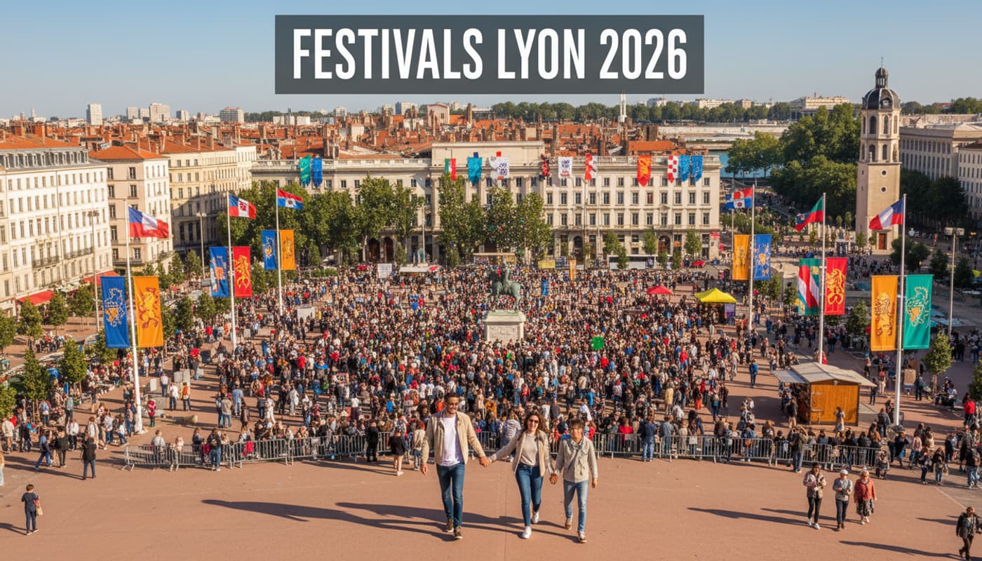 Famille traversant une place de Lyon décorée pour les festivals 2026