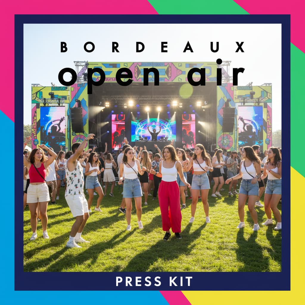 Des festivaliers dansent joyeusement sur une pelouse ensoleillée devant une scène de DJ au festival Bordeaux Open Air, entourés de motifs graphiques colorés.