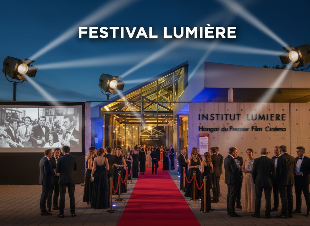 Des projecteurs vintage illuminent le ciel de Lyon au-dessus d'un tapis rouge et d'un écran géant affichant un film classique sous le titre Festival Lumière.