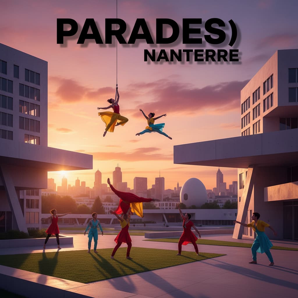 Des performeurs de danse et cirque utilisent l'architecture moderne d'un parc à Nanterre comme scène au coucher du soleil avec le texte PARADE(S) NANTERRE.