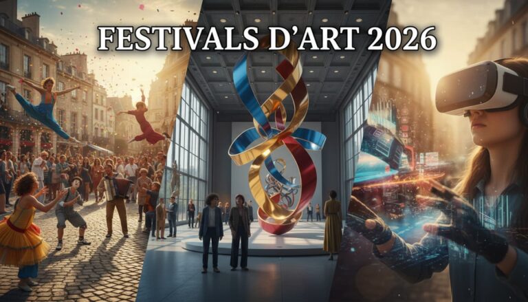 Artistes de rue, sculpture monumentale et utilisateur de casque VR illustrent la scène culturelle française sous le texte en relief Festivals d'Art 2026.