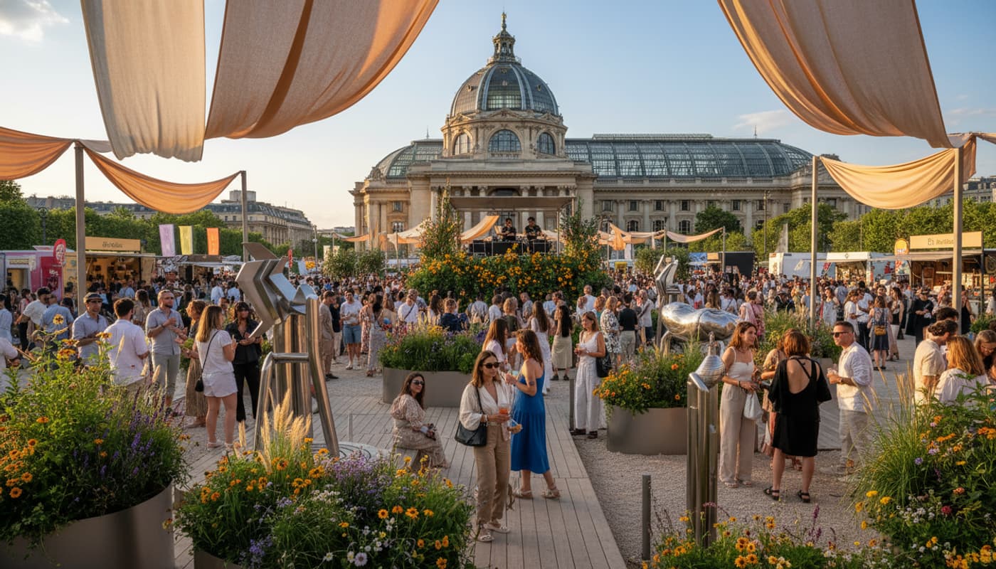 Des visiteurs profitent d'une installation artistique contemporaine en plein air devant le Grand Palais, avec des sculptures et de la verdure, sous un ciel ensoleillé.