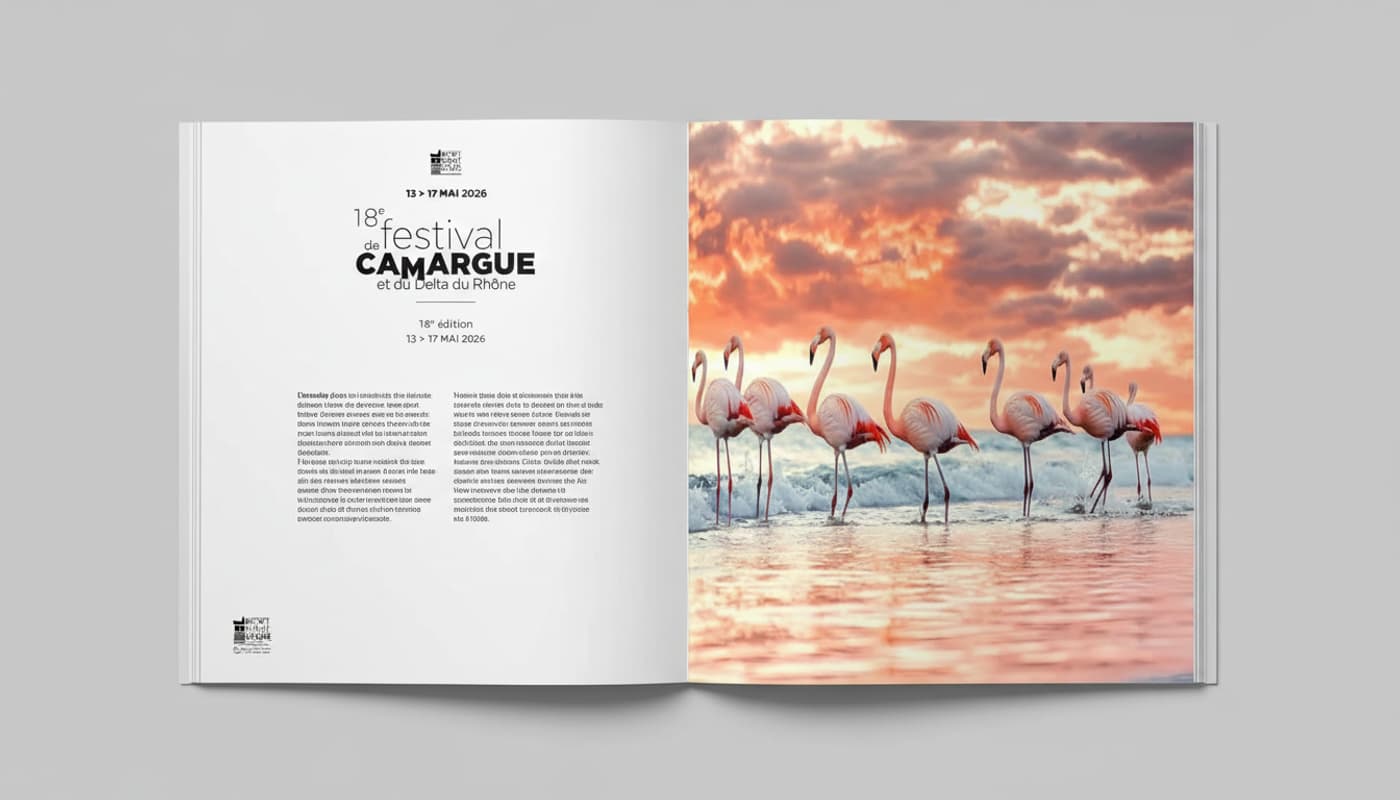 Un flamant rose se tient debout dans les marais de Camargue lors d'un coucher de soleil, présenté dans une mise en page éditoriale avec des blocs de texte.