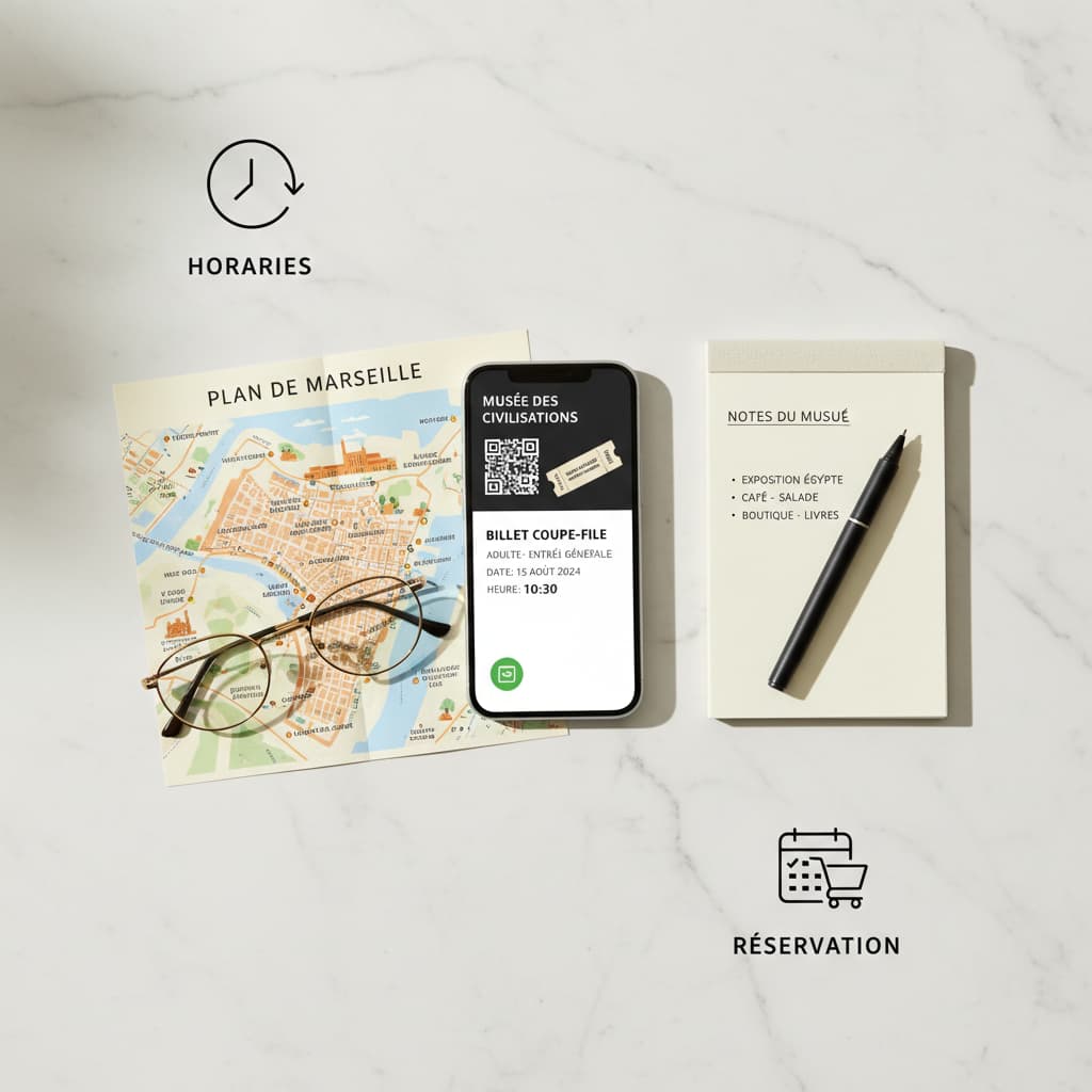 Une composition à plat sur une surface en marbre clair montrant un smartphone avec un billet de musée numérique en français, des lunettes modernes, une carte imprimée de Marseille, un petit carnet et des icônes minimalistes autour.