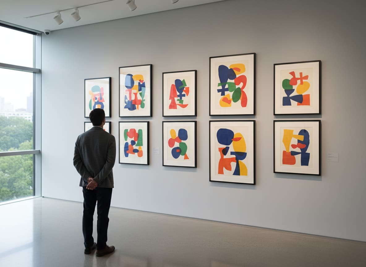 Un mur de galerie moderne avec des découpages de papier colorés aux formes organiques bleues, rouges et jaunes, une personne vue de dos contemple l'œuvre.