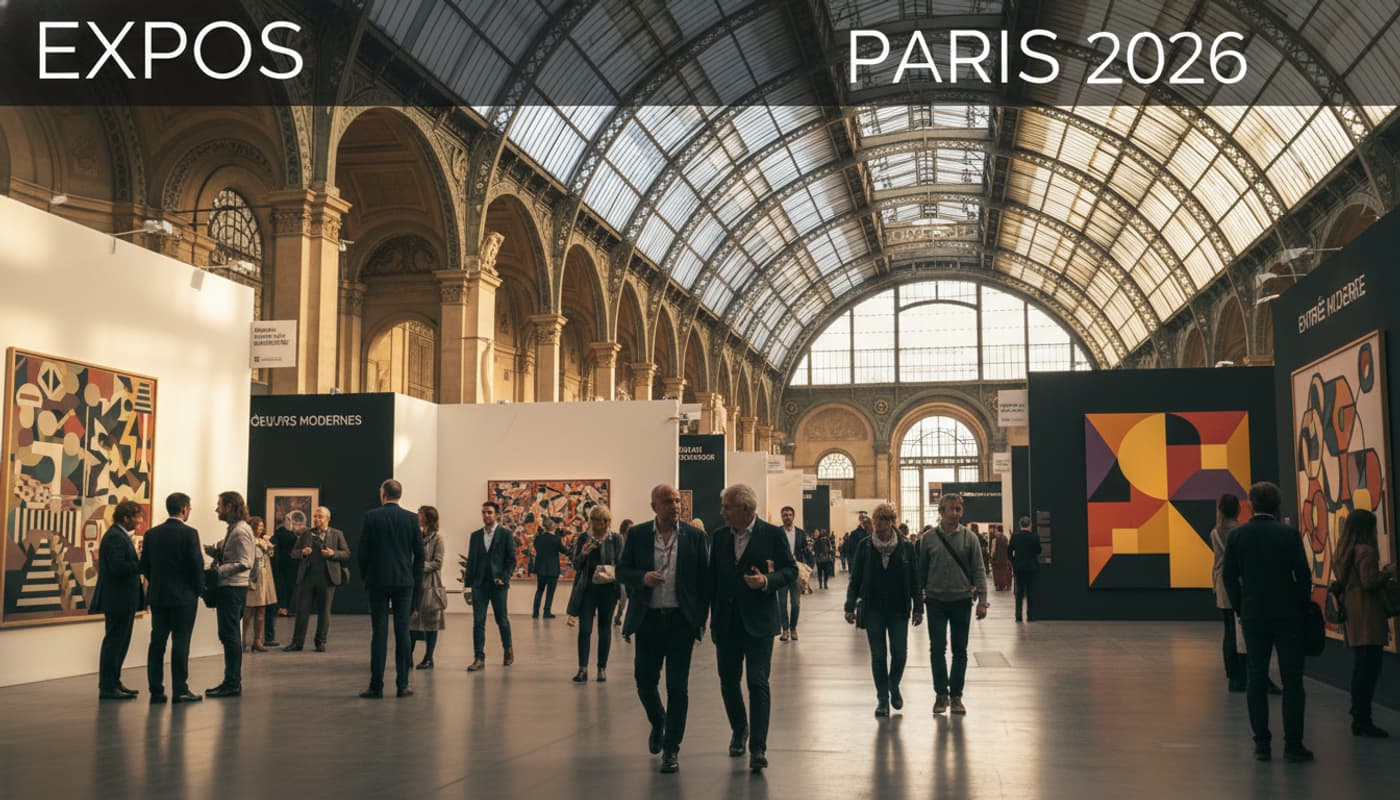 La verrière du Grand Palais à Paris baignée de lumière douce, avec une foule élégante déambulant dans un espace de galerie d'art contemporain, et un texte superposé 'EXPOS PARIS 2026' sur un fond semi-transparent sombre.