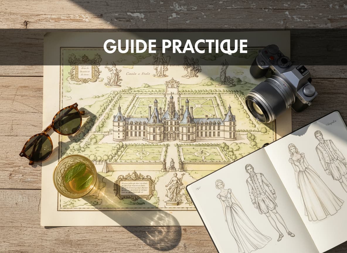 Table en bois avec une carte de château Renaissance, des lunettes de soleil, du thé marocain, un carnet et un appareil photo sous le titre GUIDE PRATIQUE.