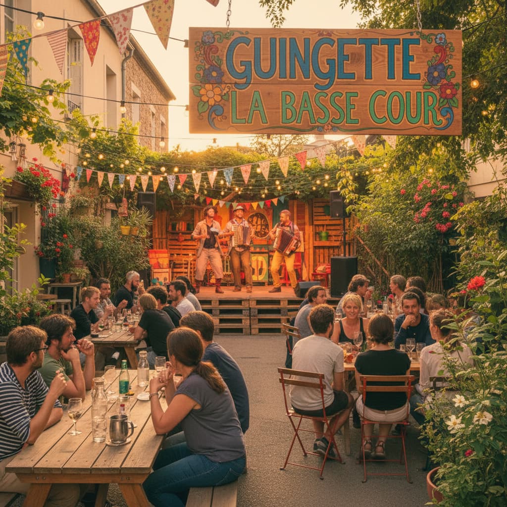 Des convives attablés sous des guirlandes lumineuses assistent à un spectacle de théâtre de rue sur une scène en bois dans une guinguette verdoyante.