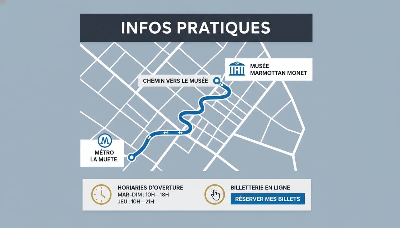 Carte stylisée du quartier de La Muette à Paris avec un itinéraire piéton du métro à l'entrée du musée, des icônes d'horaires et de billetterie, et un bandeau 'INFOS PRATIQUES'.