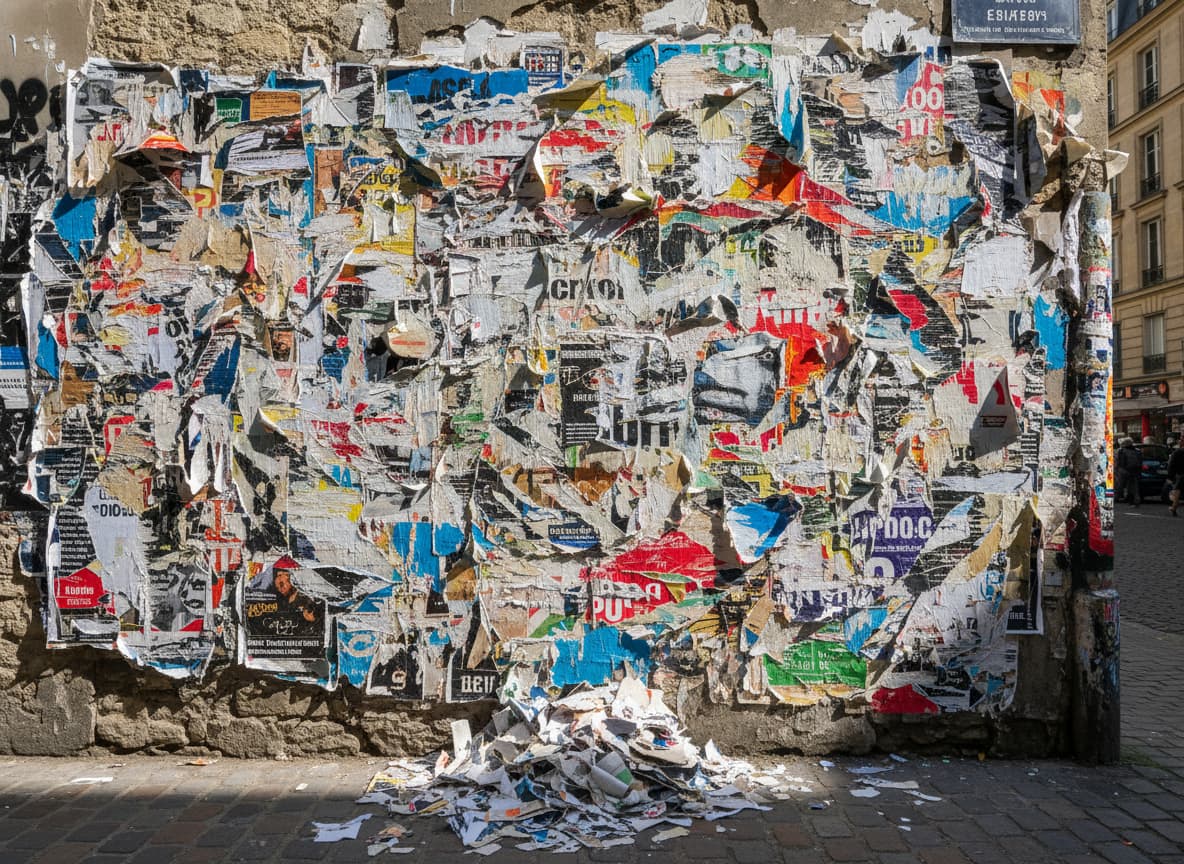 Couches de papiers déchirés et collages colorés créant une composition abstraite sur un mur, rappelant l'esthétique de Jacques Villeglé.
