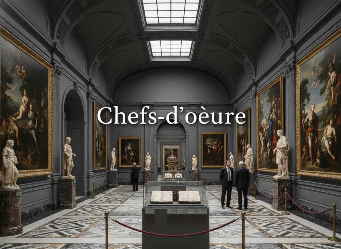 Une galerie d'art avec des murs sombres, un éclairage dramatique, des peintures baroques et des sculptures médiévales, avec le texte 'Chefs-d'œuvre' superposé en haut.