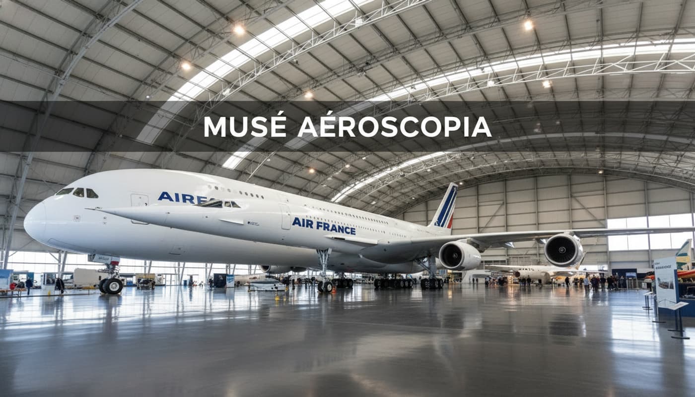 Vue intérieure du hangar Aéroscopia avec le Concorde au premier plan et un Airbus A380 en arrière-plan, sol poli reflétant les lumières, avec un texte superposé 'MUSÉE AÉROSCOPIA' sur une barre sombre semi-transparente.